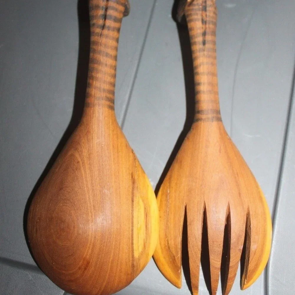 Unique Rare Carved Detailed wooden salad fork & spoon server striped animal …